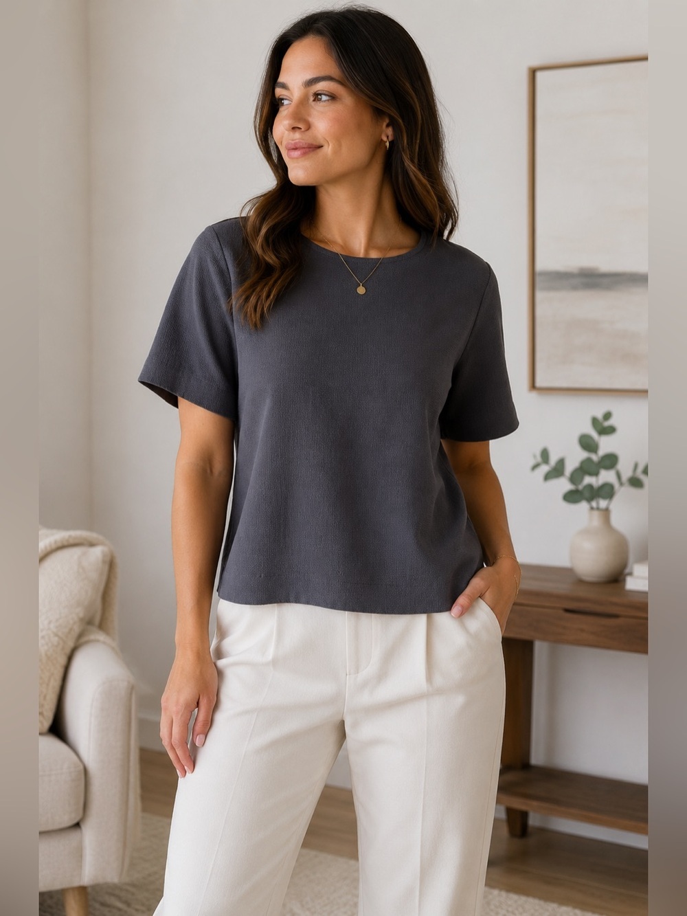 Madewell Short Sleeve Crewneck Blouse Charcoal Size S Office Business Casual